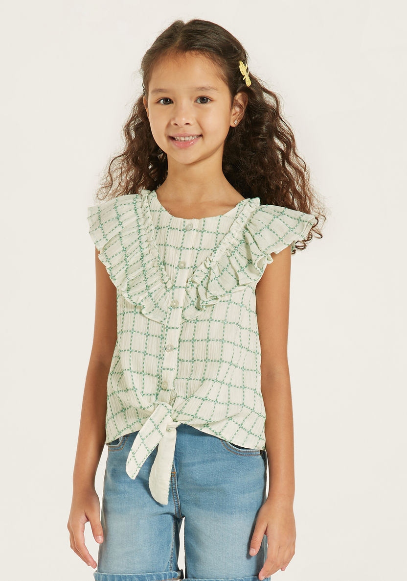 Juniors Checked Top with Ruffle Trim and Tie-Up Detail-Blouses-image-0