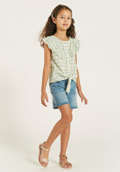 Juniors Checked Top with Ruffle Trim and Tie-Up Detail-Blouses-image-1