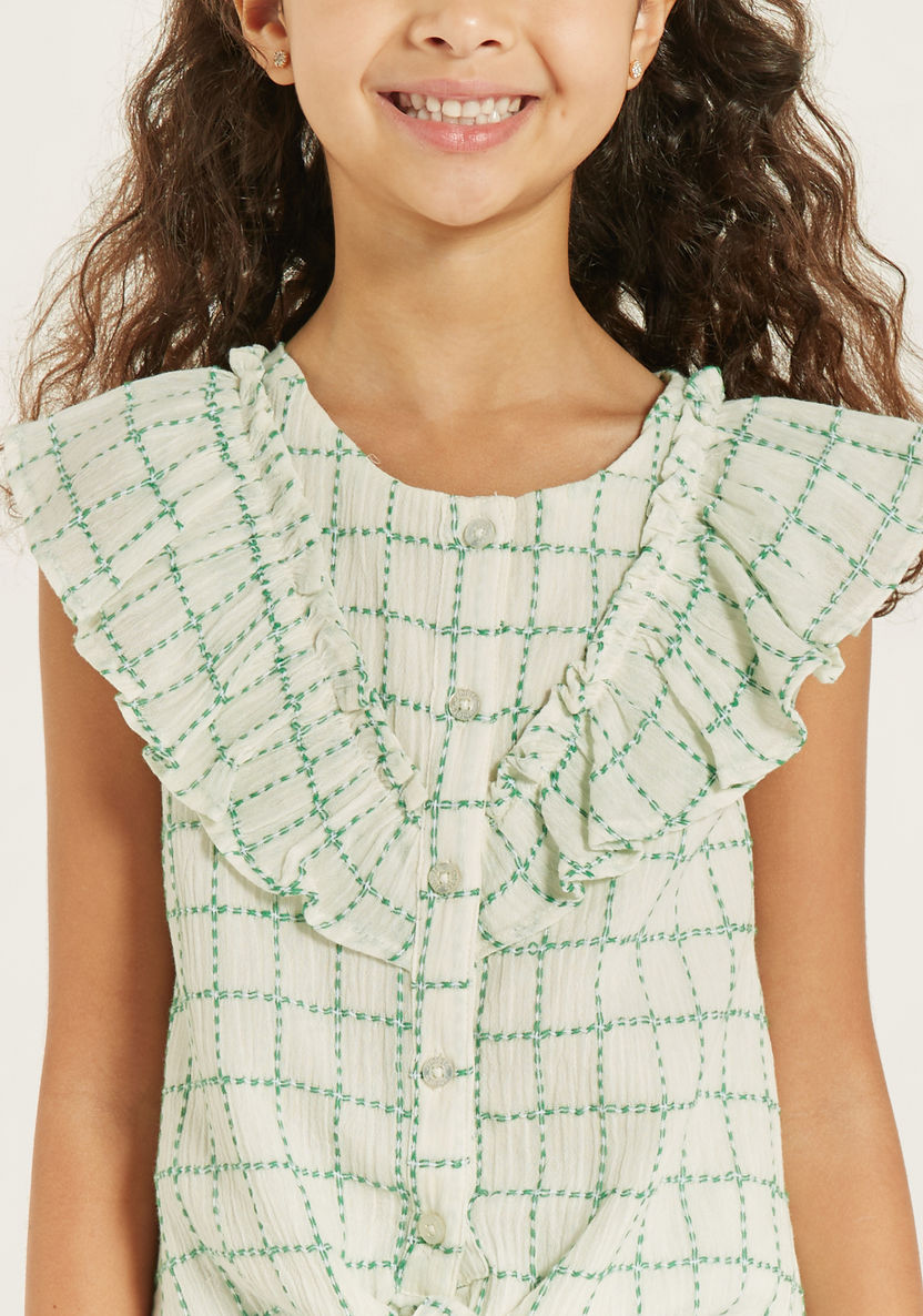 Juniors Checked Top with Ruffle Trim and Tie-Up Detail-Blouses-image-2