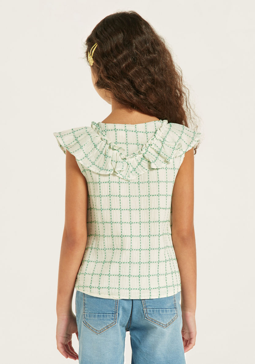 Juniors Checked Top with Ruffle Trim and Tie-Up Detail-Blouses-image-3
