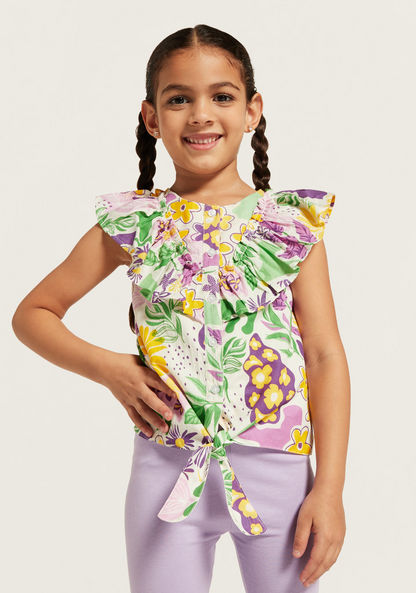Juniors All-Over Floral Print Sleeveless Top with Ruffle and Tie-Up Detail-Blouses-image-0