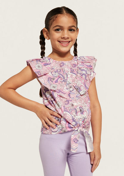 Juniors All-Over Floral Print Sleeveless Top with Ruffle and Tie-Up Detail-Blouses-image-0
