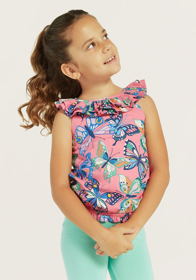 Juniors All-Over Print Sleeveless Top with Ruffles-Blouses-image-0