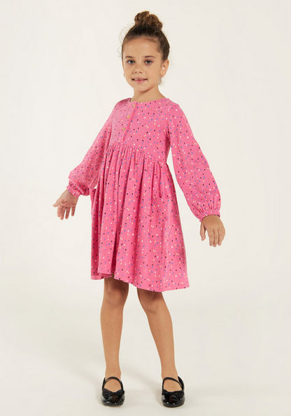 Juniors Printed Long Sleeve Dress with Pockets and Button Closure-Dresses%2C Gowns and Frocks-image-0