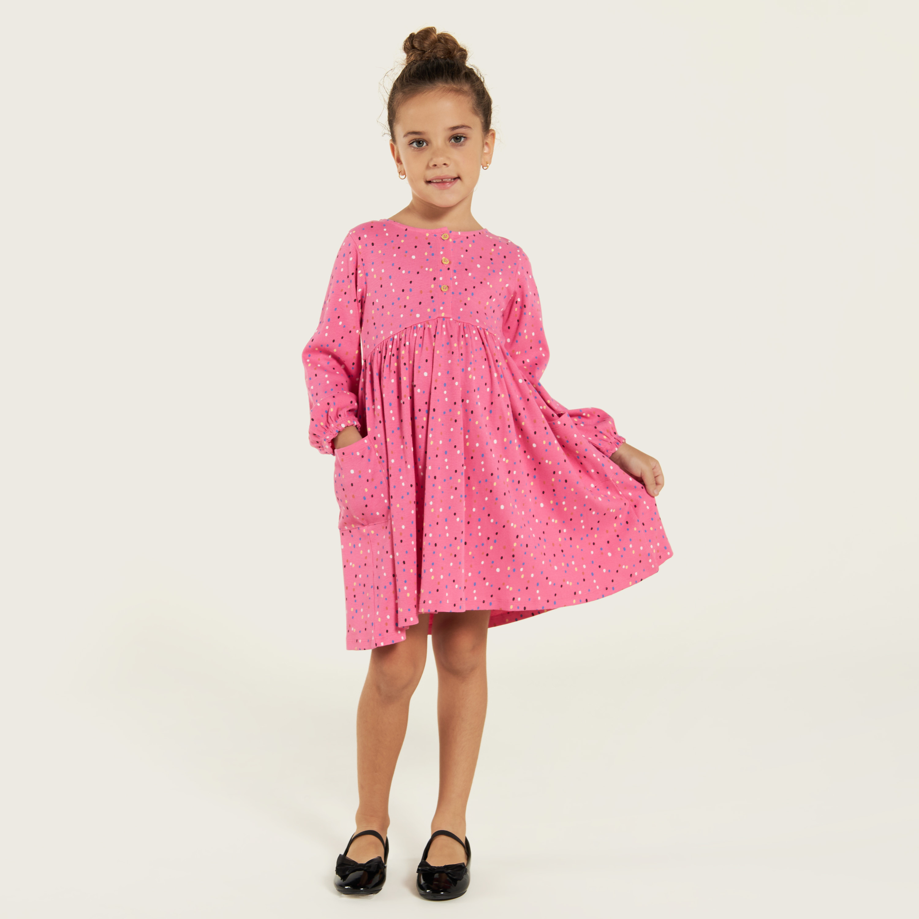 Juniors Printed Long Sleeve Dress with Pockets and Button Closure-girls-clothing-dressesandjumpsuits-image-2