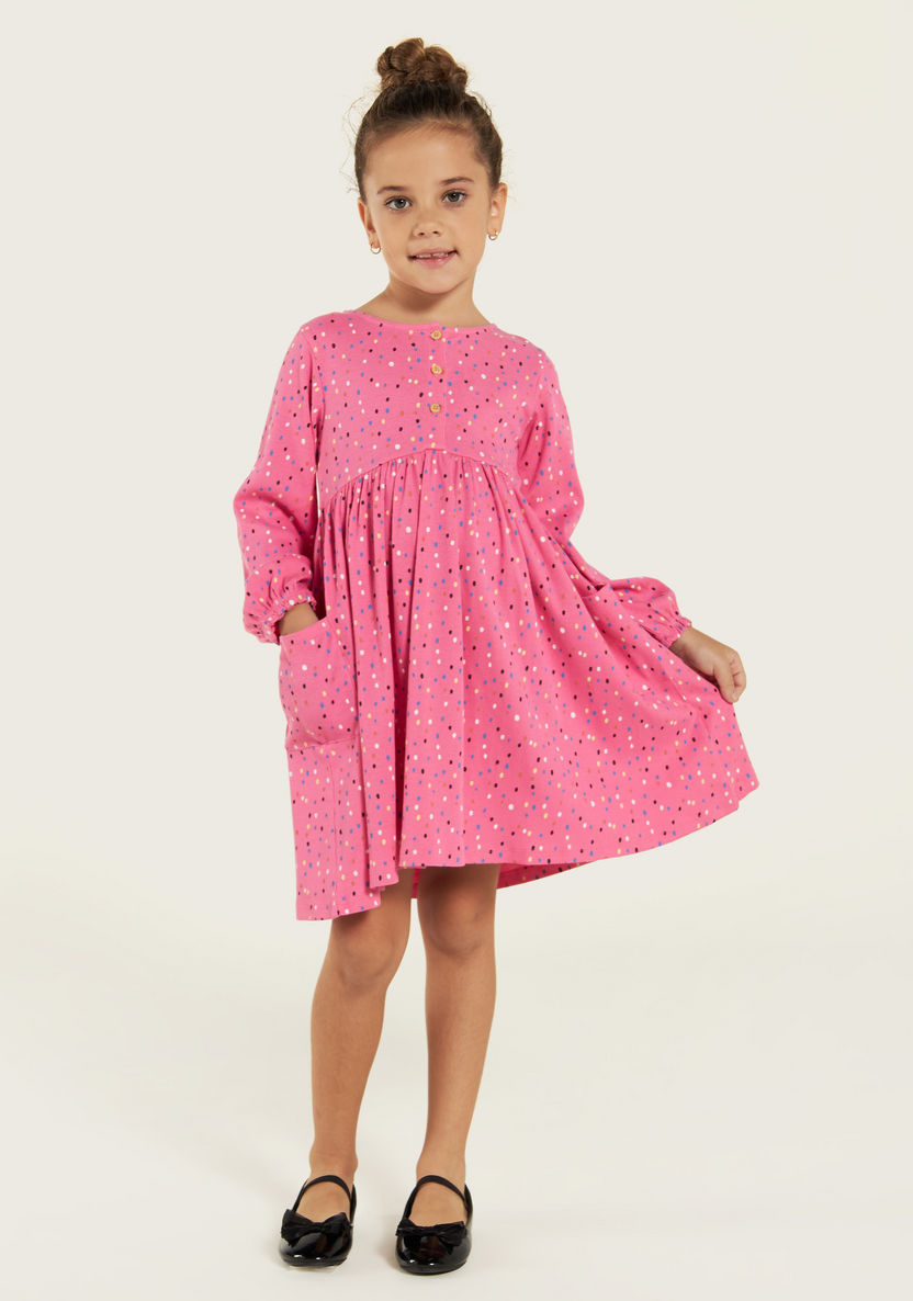 Juniors Printed Long Sleeve Dress with Pockets and Button Closure-Dresses%2C Gowns and Frocks-image-1