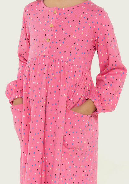Juniors Printed Long Sleeve Dress with Pockets and Button Closure-Dresses%2C Gowns and Frocks-image-2
