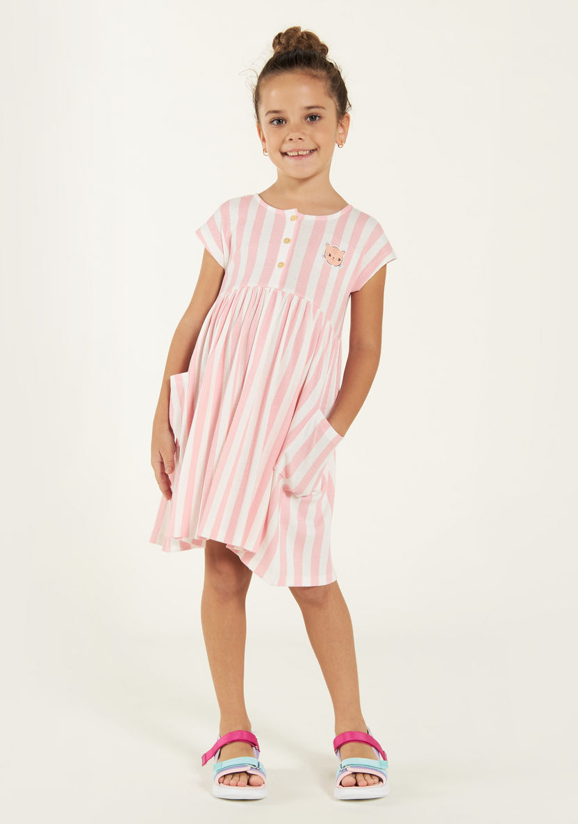 Juniors Striped Round Neck Dress with Button Closure and Pockets-Dresses, Gowns & Frocks-image-0