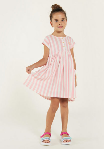 Juniors Striped Round Neck Dress with Button Closure and Pockets-Dresses%2C Gowns and Frocks-image-1