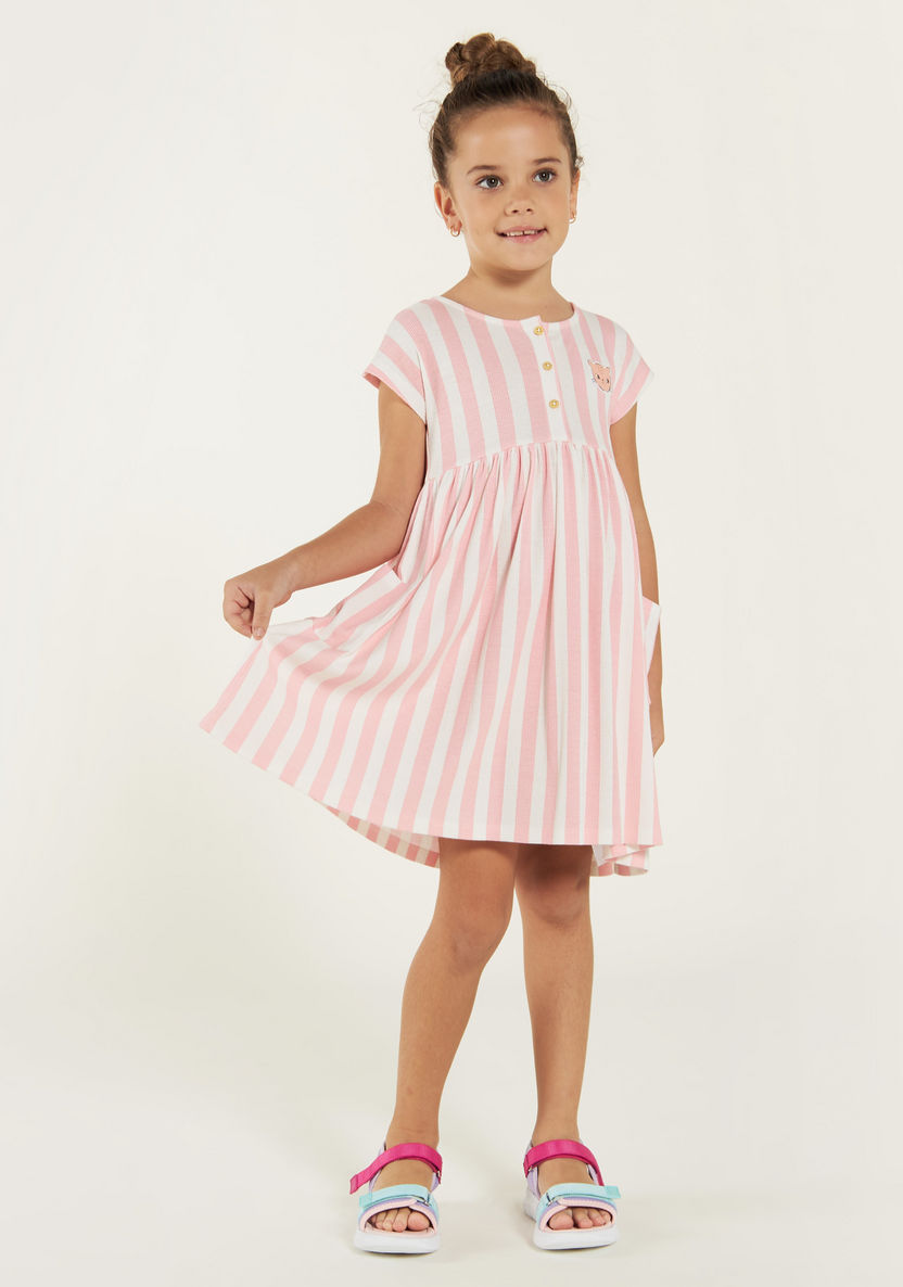 Juniors Striped Round Neck Dress with Button Closure and Pockets-Dresses, Gowns & Frocks-image-1