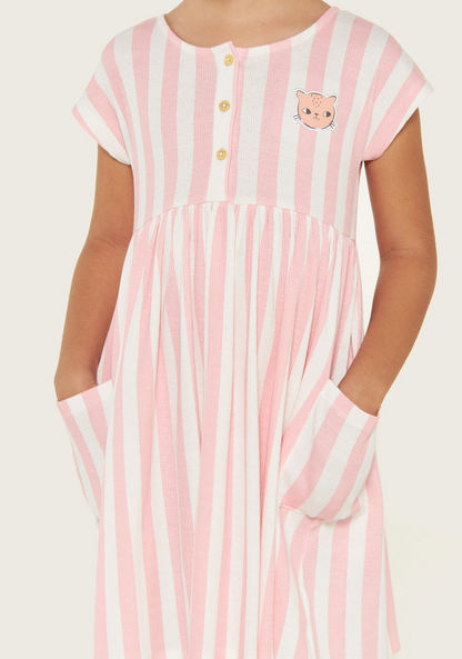 Juniors Striped Round Neck Dress with Button Closure and Pockets-Dresses%2C Gowns and Frocks-image-2