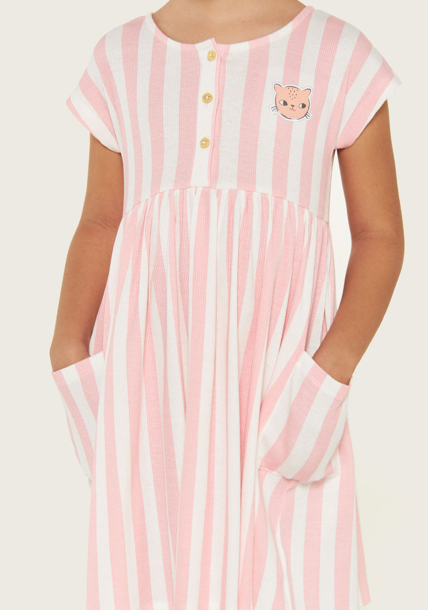 Juniors Striped Round Neck Dress with Button Closure and Pockets-Dresses, Gowns & Frocks-image-2