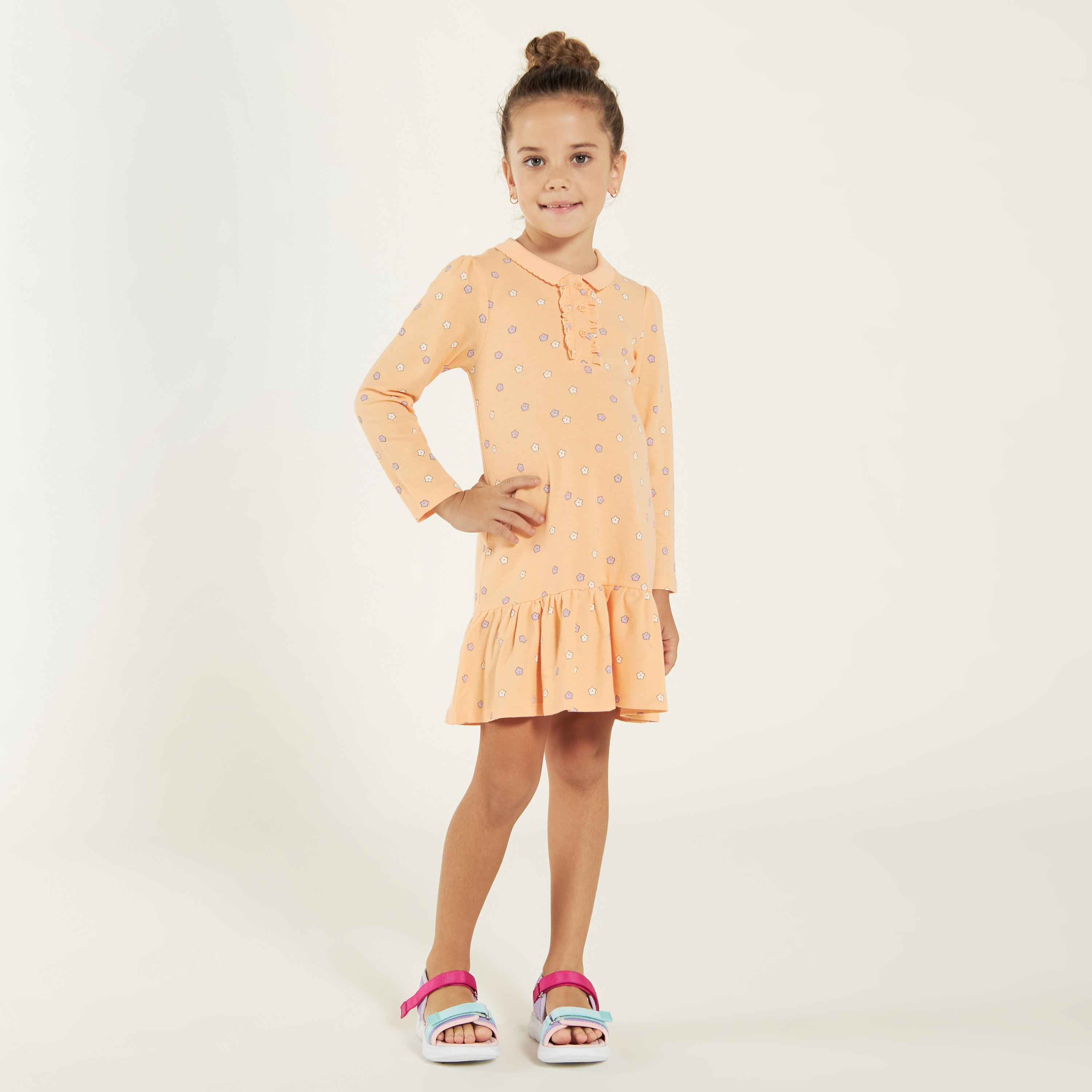 Juniors Floral Print Polo Dress with Long Sleeves and Flounce Hem-girls-clothing-dressesandjumpsuits-image-1