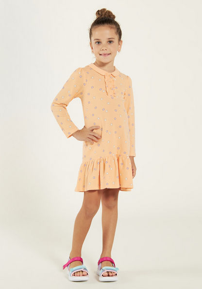 Juniors Floral Print Polo Dress with Long Sleeves and Flounce Hem-Dresses%2C Gowns and Frocks-image-0