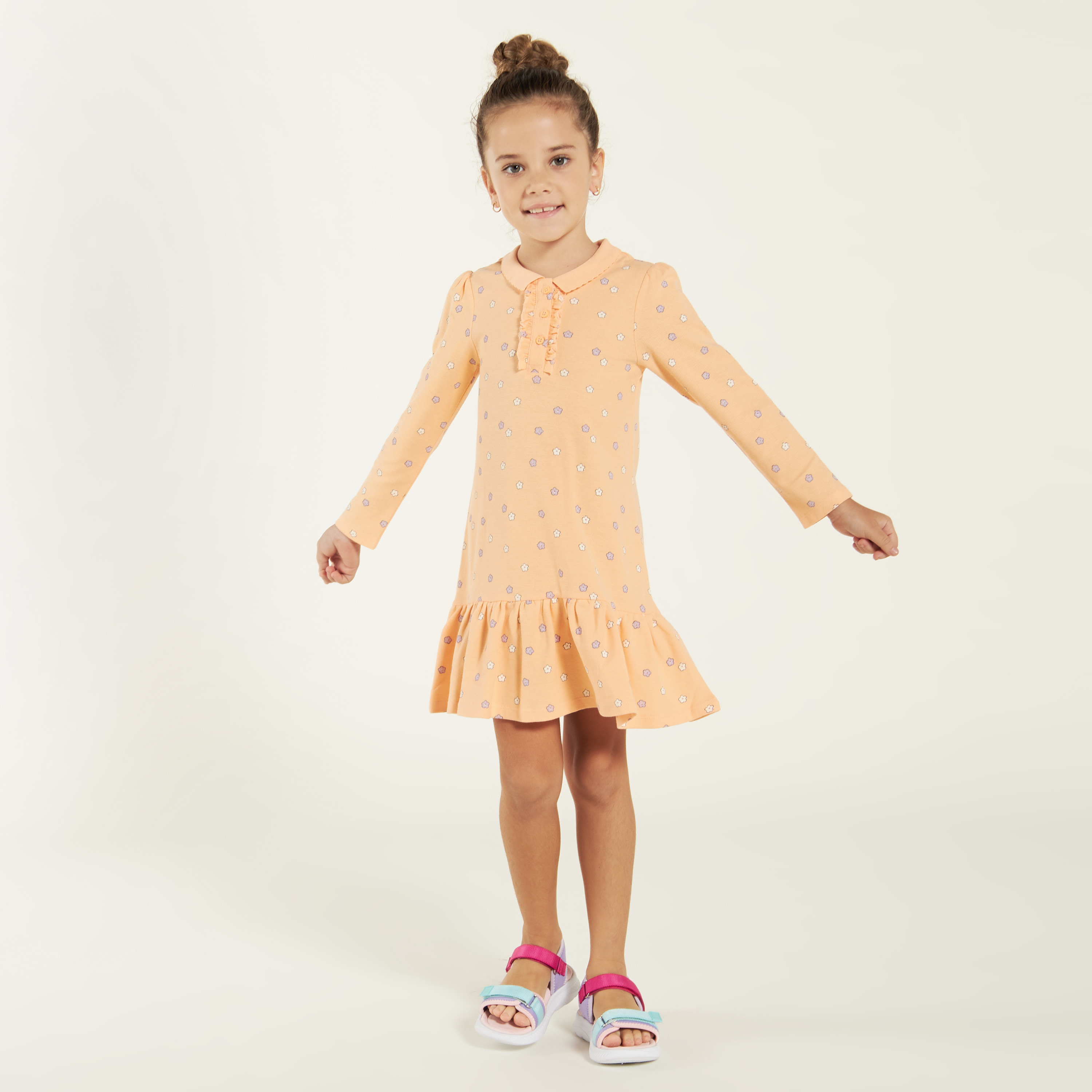 Juniors Floral Print Polo Dress with Long Sleeves and Flounce Hem-girls-clothing-dressesandjumpsuits-image-2