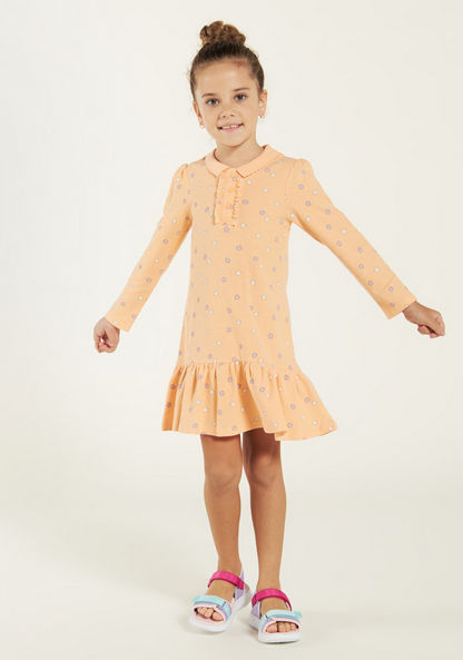 Juniors Floral Print Polo Dress with Long Sleeves and Flounce Hem-Dresses%2C Gowns and Frocks-image-1