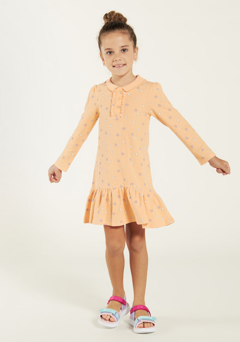 Juniors Floral Print Polo Dress with Long Sleeves and Flounce Hem-Dresses, Gowns & Frocks-image-1