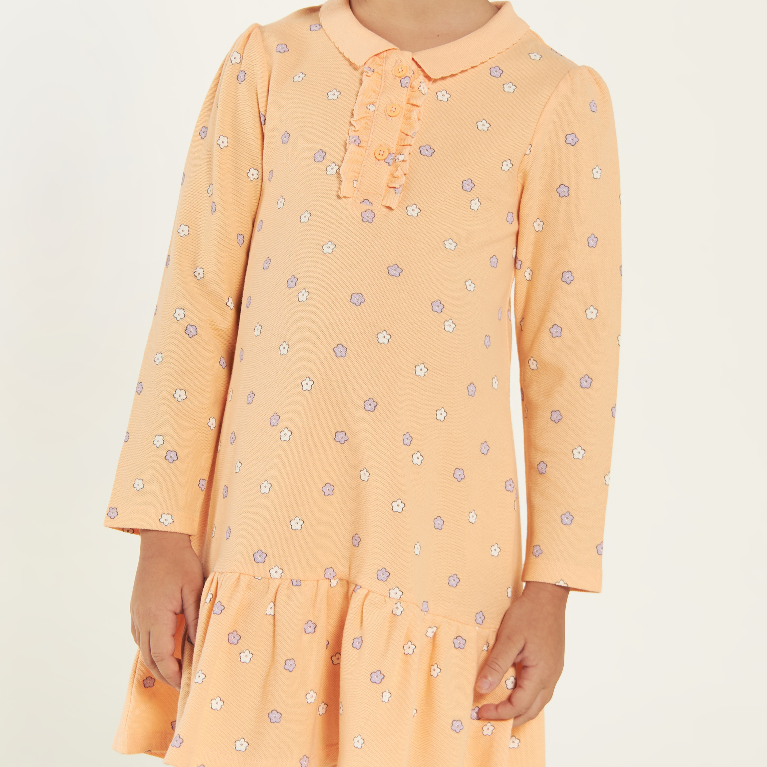 Juniors Floral Print Polo Dress with Long Sleeves and Flounce Hem-girls-clothing-dressesandjumpsuits-image-3