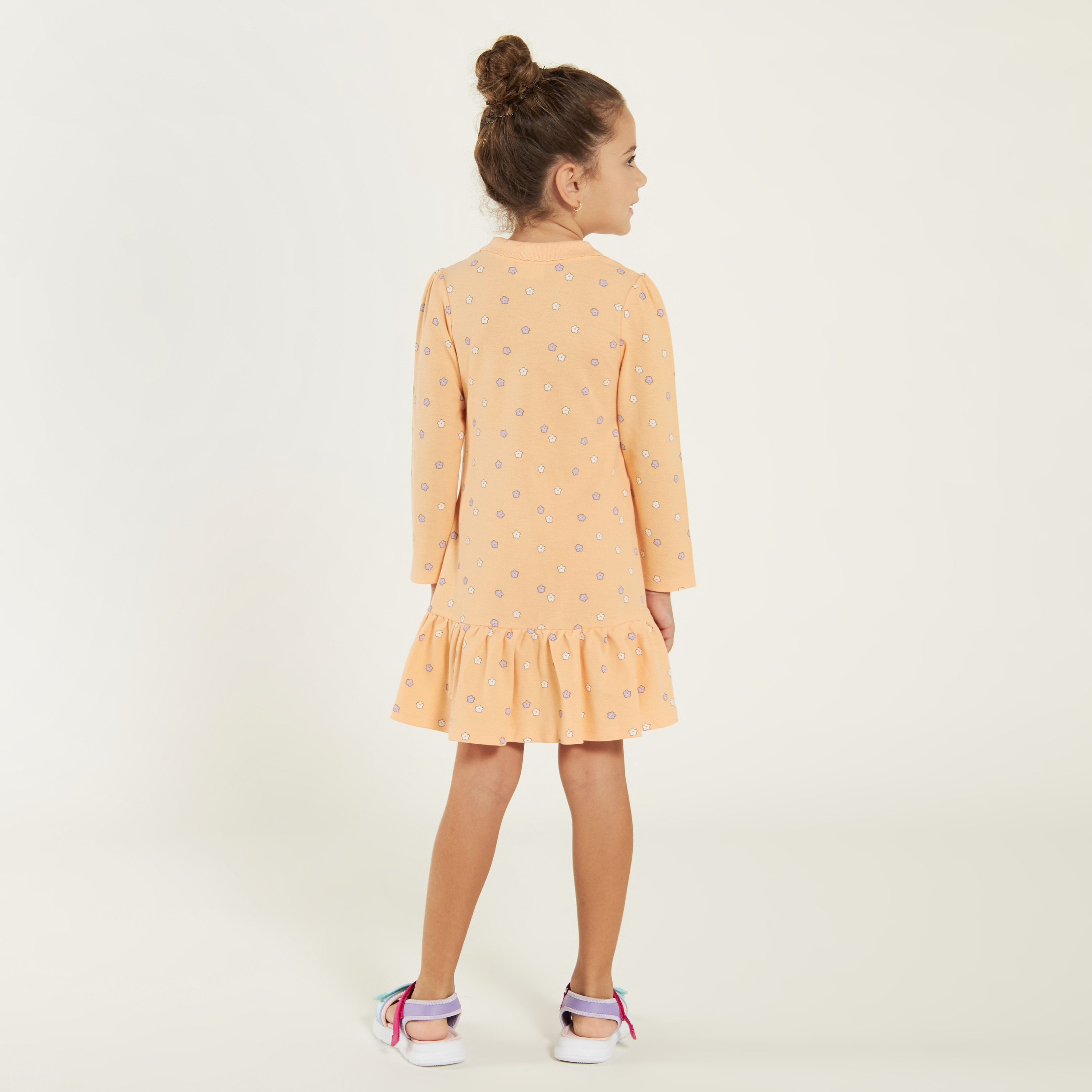 Juniors Floral Print Polo Dress with Long Sleeves and Flounce Hem-girls-clothing-dressesandjumpsuits-image-4