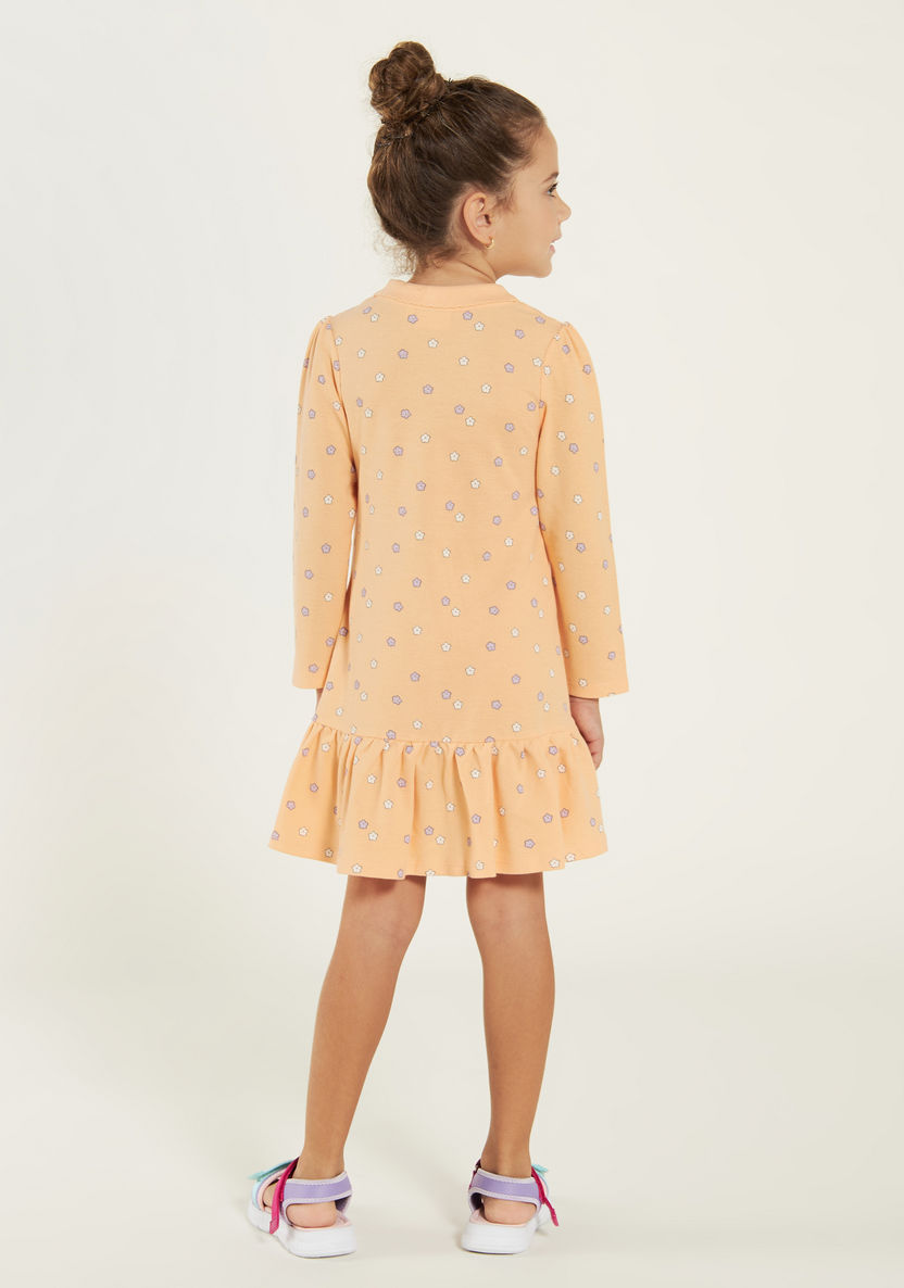 Juniors Floral Print Polo Dress with Long Sleeves and Flounce Hem-Dresses, Gowns & Frocks-image-3