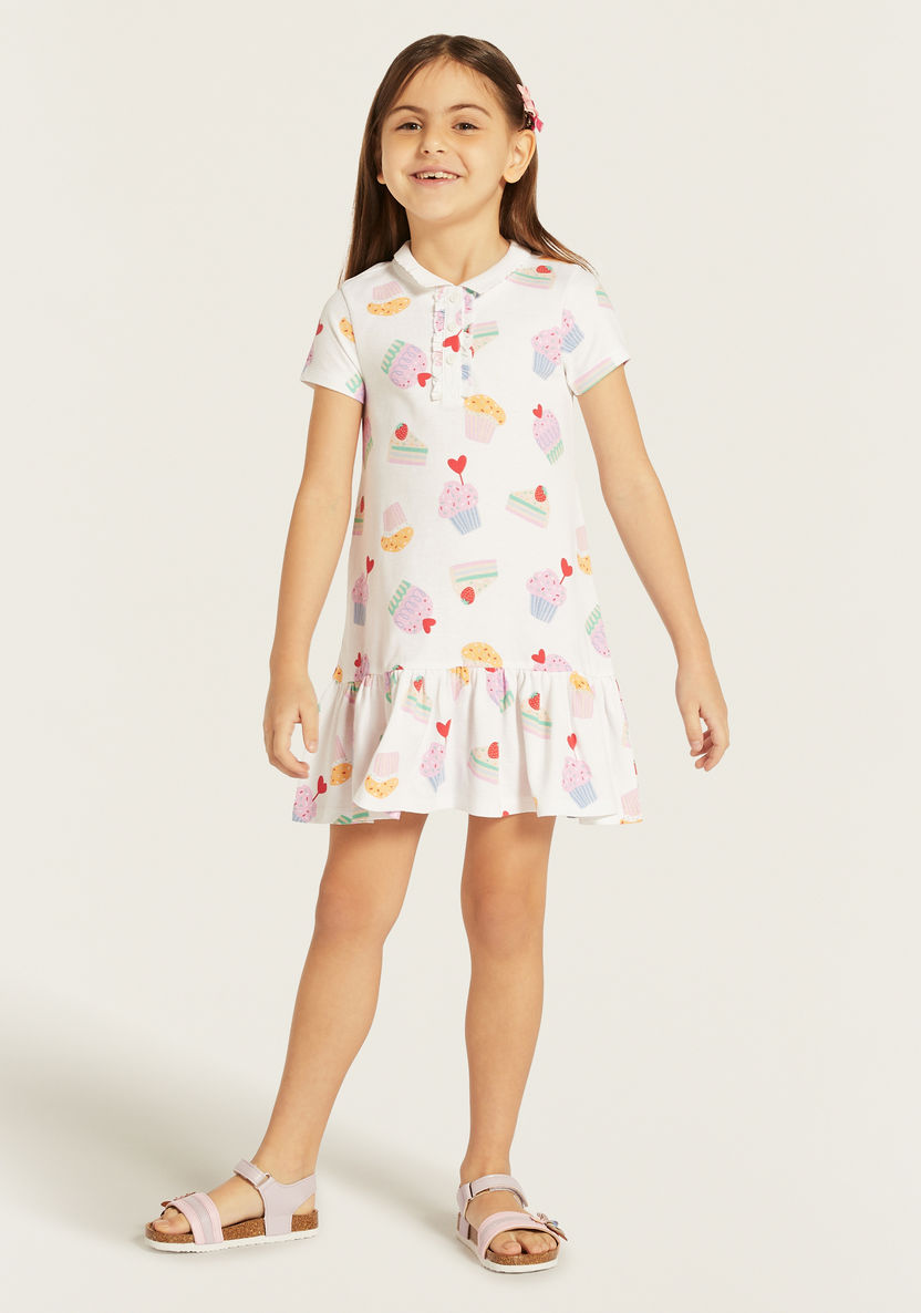 Juniors Cake Print Polo Dress with Short Sleeves-Dresses%2C Gowns and Frocks-image-0