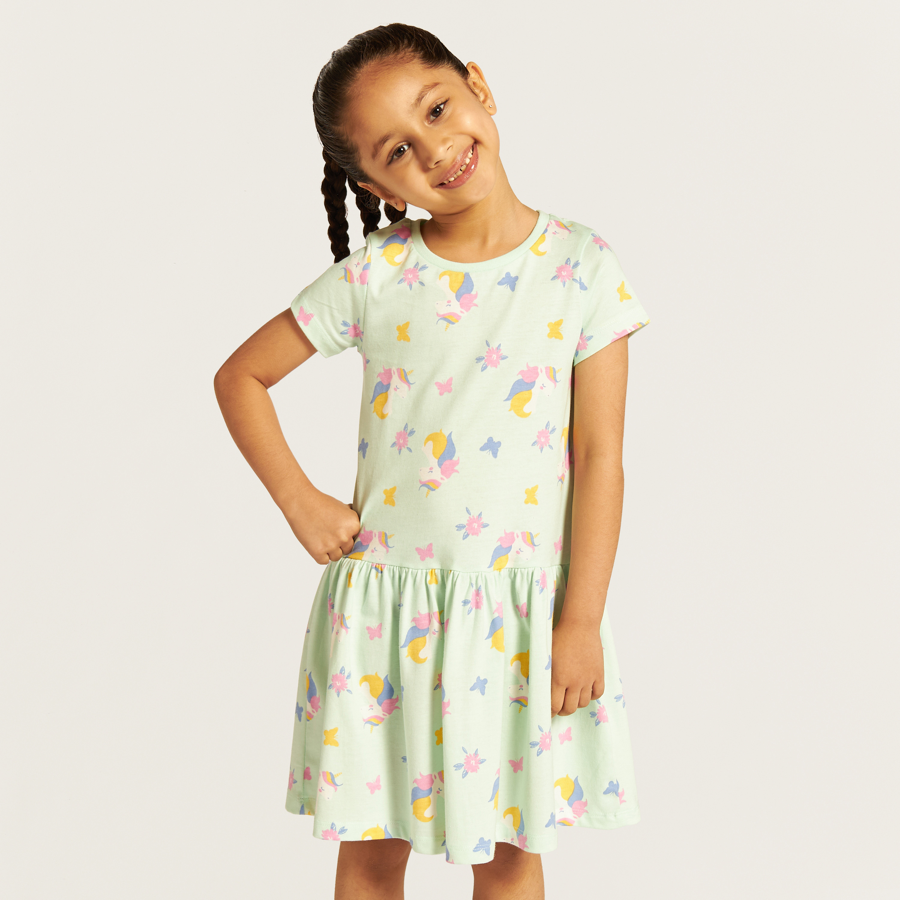 Juniors All-Over Unicorn Print Dress with Round Neck and Short Sleeves-girls-clothing-dressesandjumpsuits-image-1