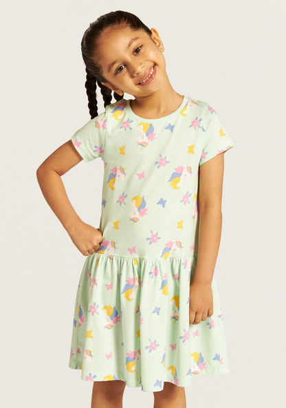Juniors All-Over Unicorn Print Dress with Round Neck and Short Sleeves-Dresses%2C Gowns and Frocks-image-0