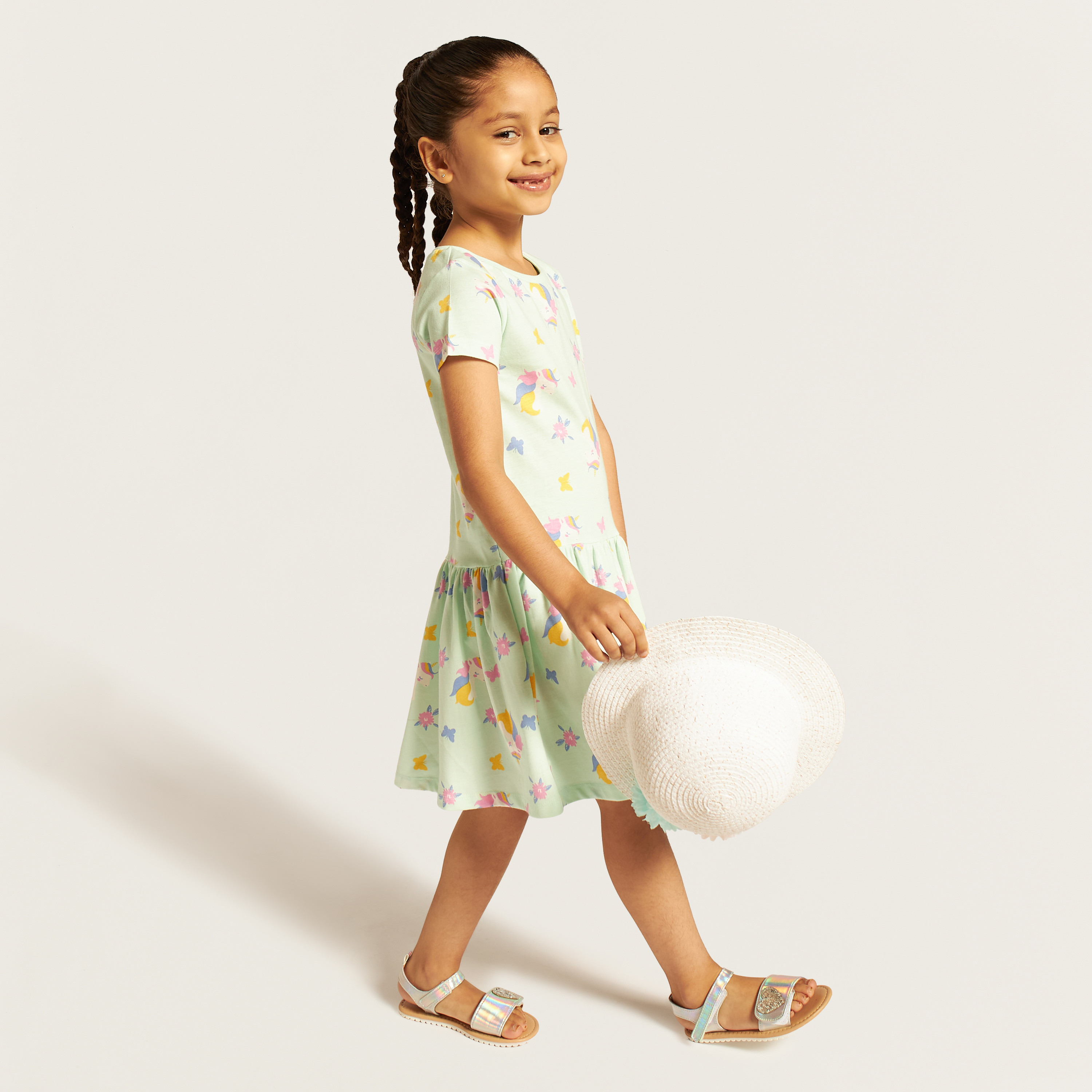 Juniors All-Over Unicorn Print Dress with Round Neck and Short Sleeves-girls-clothing-dressesandjumpsuits-image-2