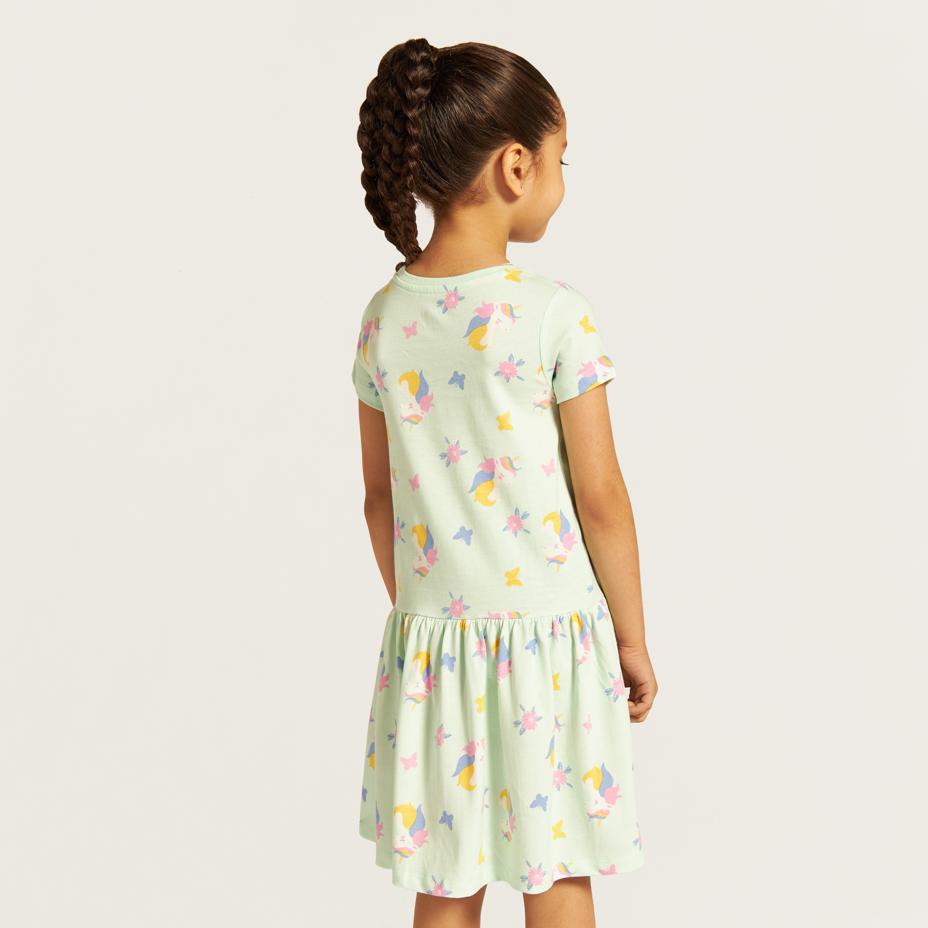 Juniors All-Over Unicorn Print Dress with Round Neck and Short Sleeves-girls-clothing-dressesandjumpsuits-image-4