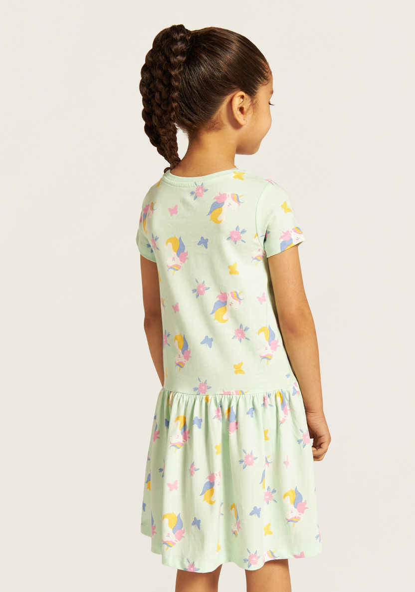Juniors All-Over Unicorn Print Dress with Round Neck and Short Sleeves-Dresses, Gowns & Frocks-image-3