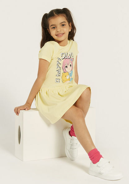 Juniors Printed Dress with Round Neck and Short Sleeves-Dresses%2C Gowns and Frocks-image-0