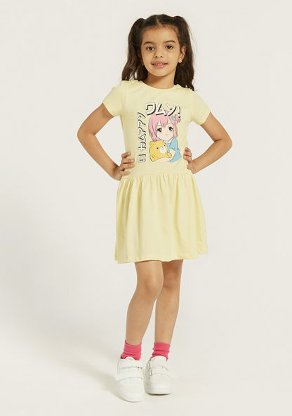 Juniors Printed Dress with Round Neck and Short Sleeves-Dresses%2C Gowns and Frocks-image-1