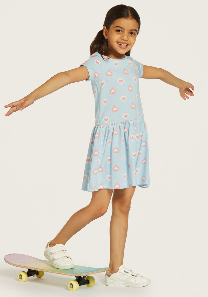 Juniors All-Over Hearts Print Dress with Short Sleeves-Dresses%2C Gowns and Frocks-image-0