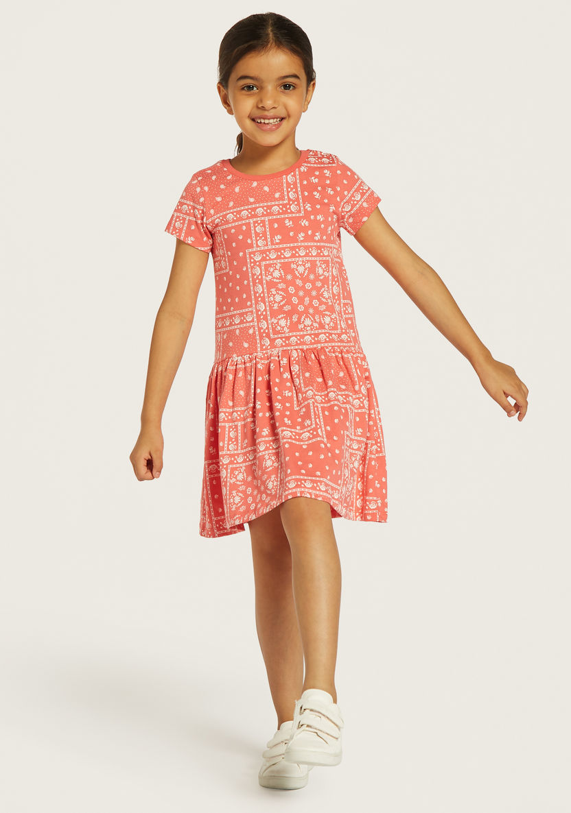 Juniors All-Over Print Drop Waist Dress with Round Neck and Short Sleeves-Dresses, Gowns & Frocks-image-0