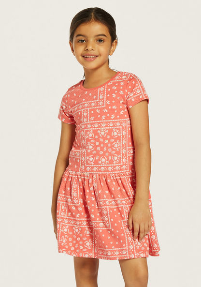 Juniors All-Over Print Drop Waist Dress with Round Neck and Short Sleeves-Dresses%2C Gowns and Frocks-image-1