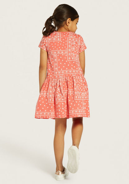 Juniors All-Over Print Drop Waist Dress with Round Neck and Short Sleeves-Dresses%2C Gowns and Frocks-image-3