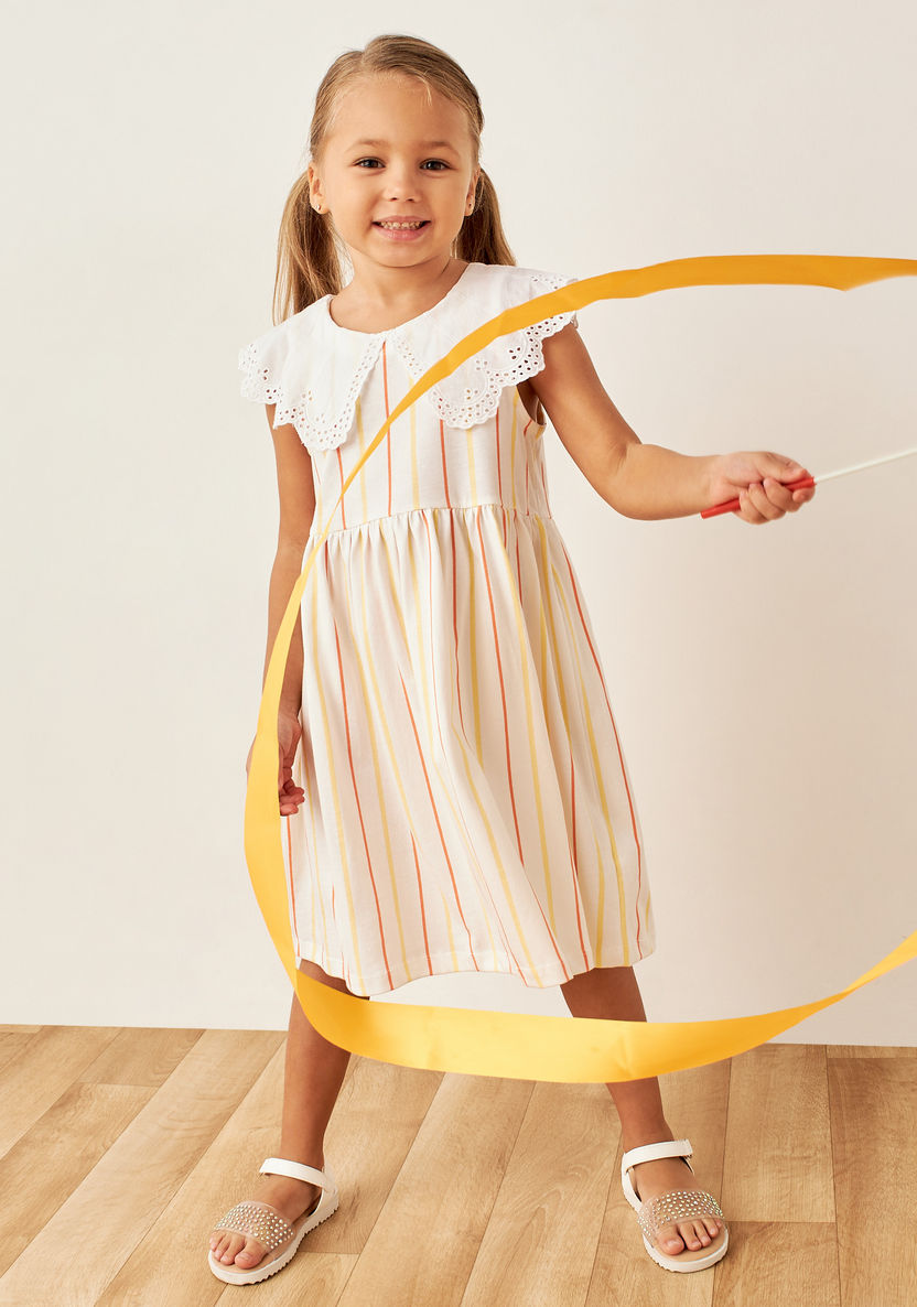 Juniors Stripes Sleeveless A-line Dress with Schiffli Overlay Detail-Dresses%2C Gowns and Frocks-image-0