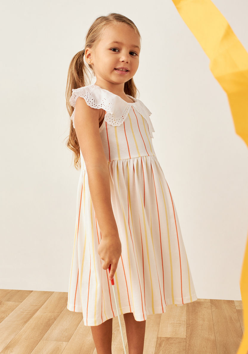 Juniors Stripes Sleeveless A-line Dress with Schiffli Overlay Detail-Dresses%2C Gowns and Frocks-image-1