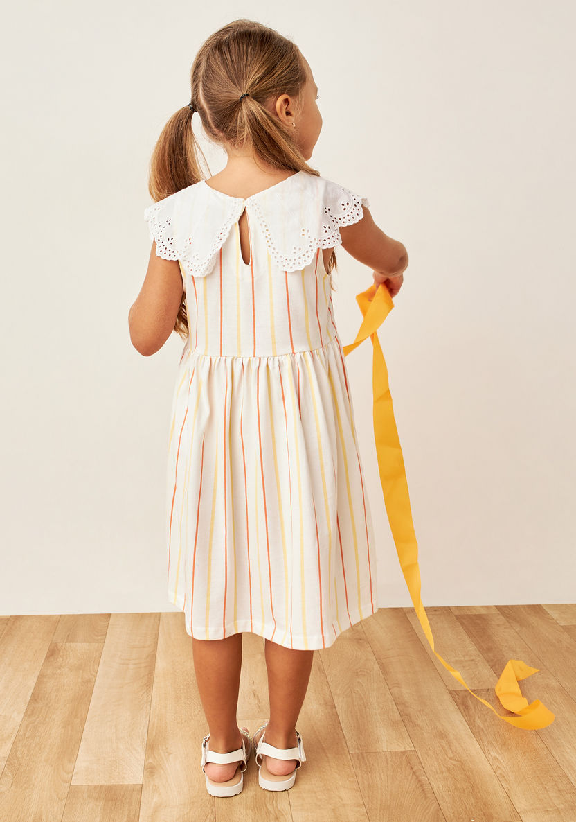 Juniors Stripes Sleeveless A-line Dress with Schiffli Overlay Detail-Dresses%2C Gowns and Frocks-image-3