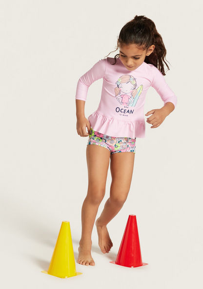 Juniors Slogan Print Long Sleeves T-shirt and Swim Shorts Set-Clothes Sets-image-0