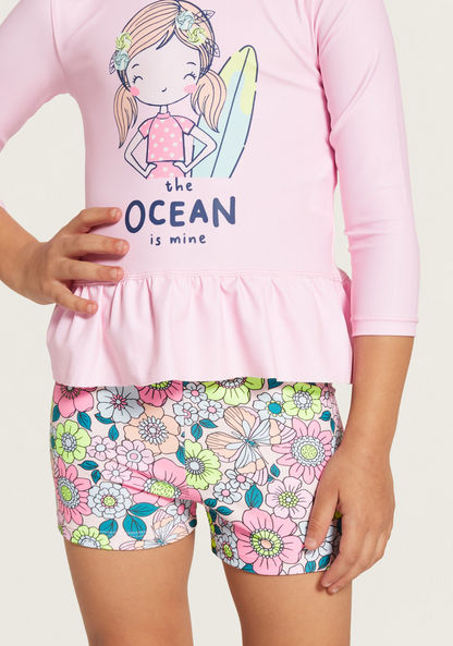 Juniors Slogan Print Long Sleeves T-shirt and Swim Shorts Set-Clothes Sets-image-3