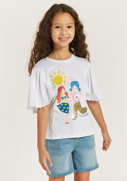 Juniors Sequin Embellished T-shirt with Flutter Sleeves and Round Neck-T Shirts-image-0