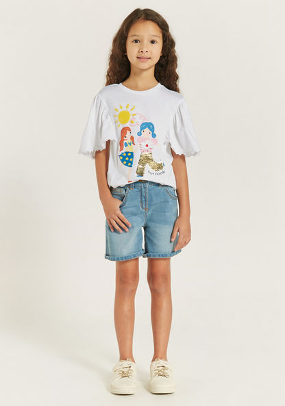 Juniors Sequin Embellished T-shirt with Flutter Sleeves and Round Neck-T Shirts-image-1