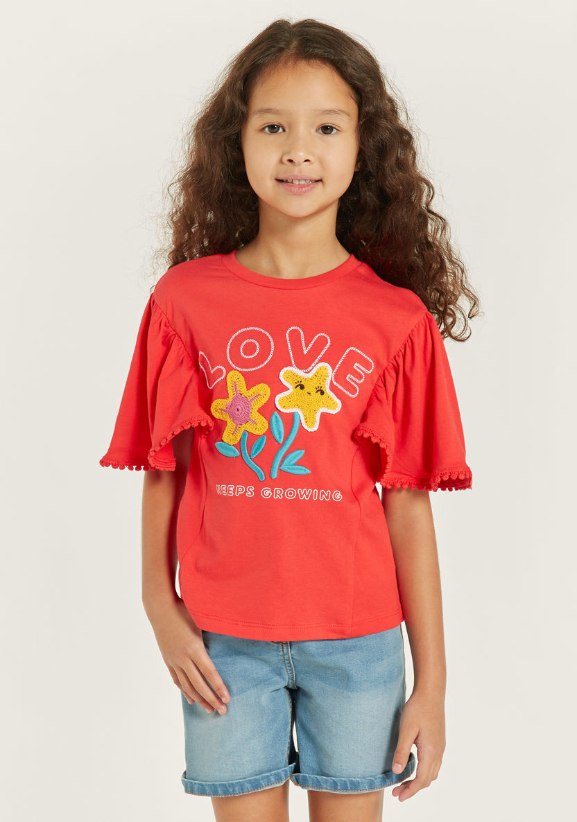 Juniors Embroidered T-shirt with Flutter Sleeves and Round Neck-T Shirts-image-0