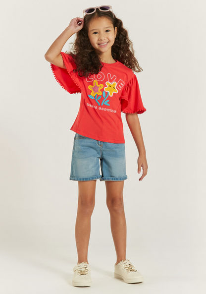 Juniors Embroidered T-shirt with Flutter Sleeves and Round Neck-T Shirts-image-1