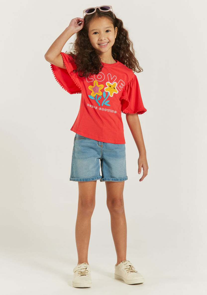 Juniors Embroidered T-shirt with Flutter Sleeves and Round Neck-T Shirts-image-1