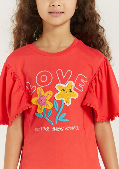 Juniors Embroidered T-shirt with Flutter Sleeves and Round Neck-T Shirts-image-2