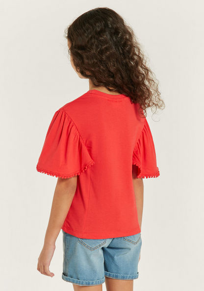 Juniors Embroidered T-shirt with Flutter Sleeves and Round Neck-T Shirts-image-3