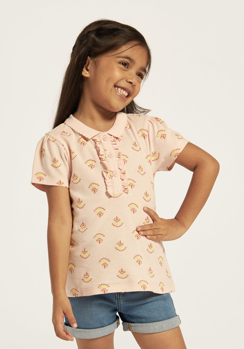 Juniors All-Over Print Polo T-shirt with Ruffles-T Shirts-image-0