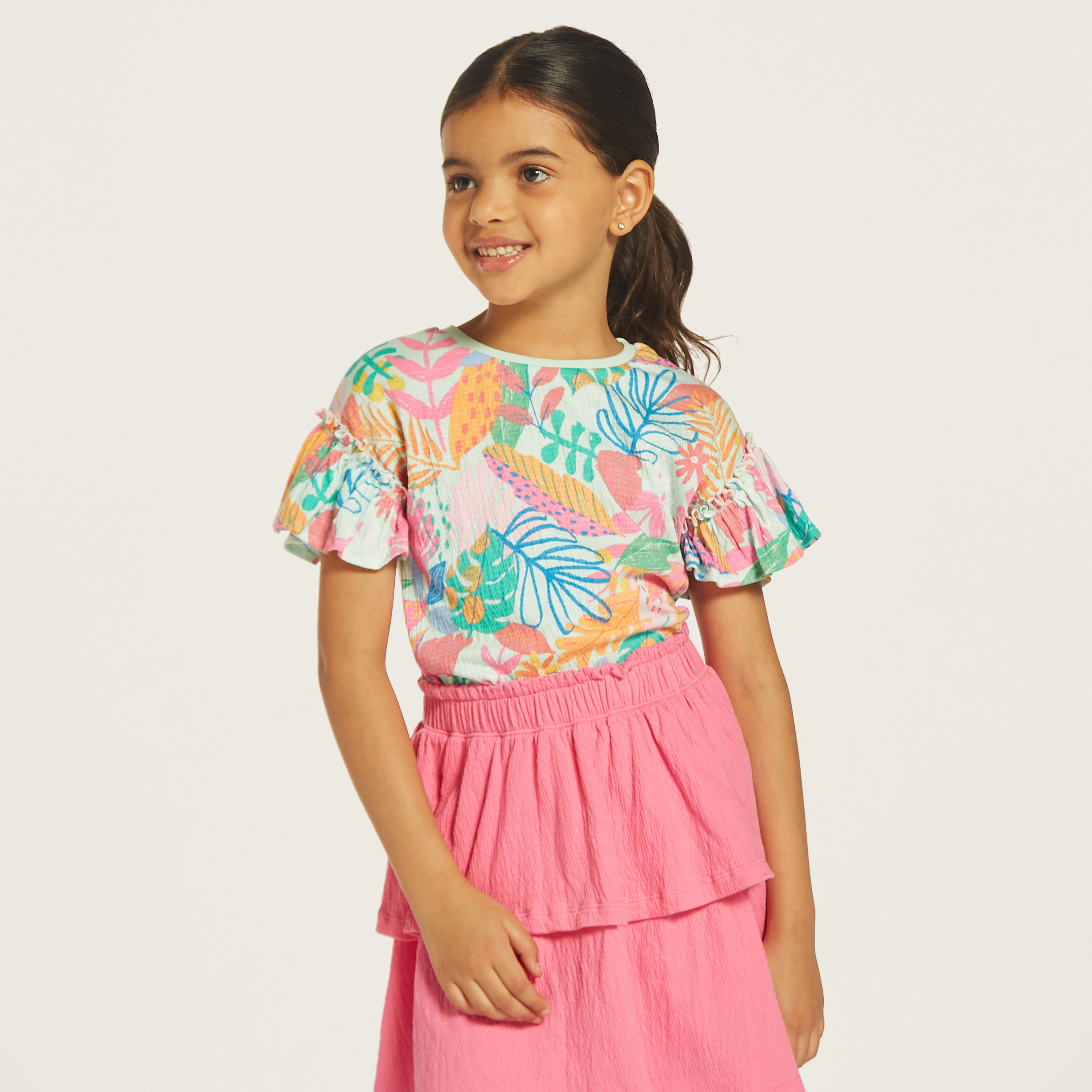 Juniors All-Over Print Crew Neck T-shirt with Ruffled Sleeves-girls-clothing-tshirts-image-1